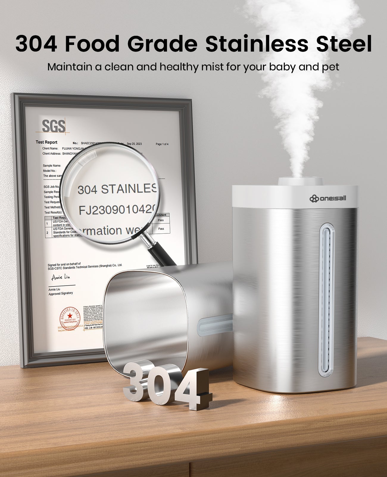 Oneisall Stainless Steel Humidifier, Easy to Clean Humidifier, Dishwasher Safe Humidifiers, Cool Mist Humidifiers for Bedroom