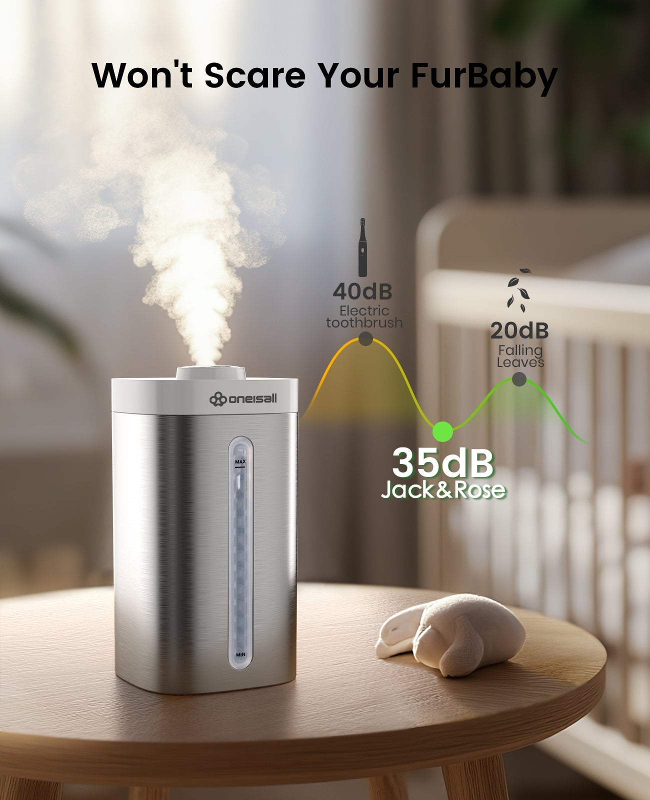 Oneisall Stainless Steel Humidifier, Easy to Clean Humidifier, Dishwasher Safe Humidifiers, Cool Mist Humidifiers for Bedroom