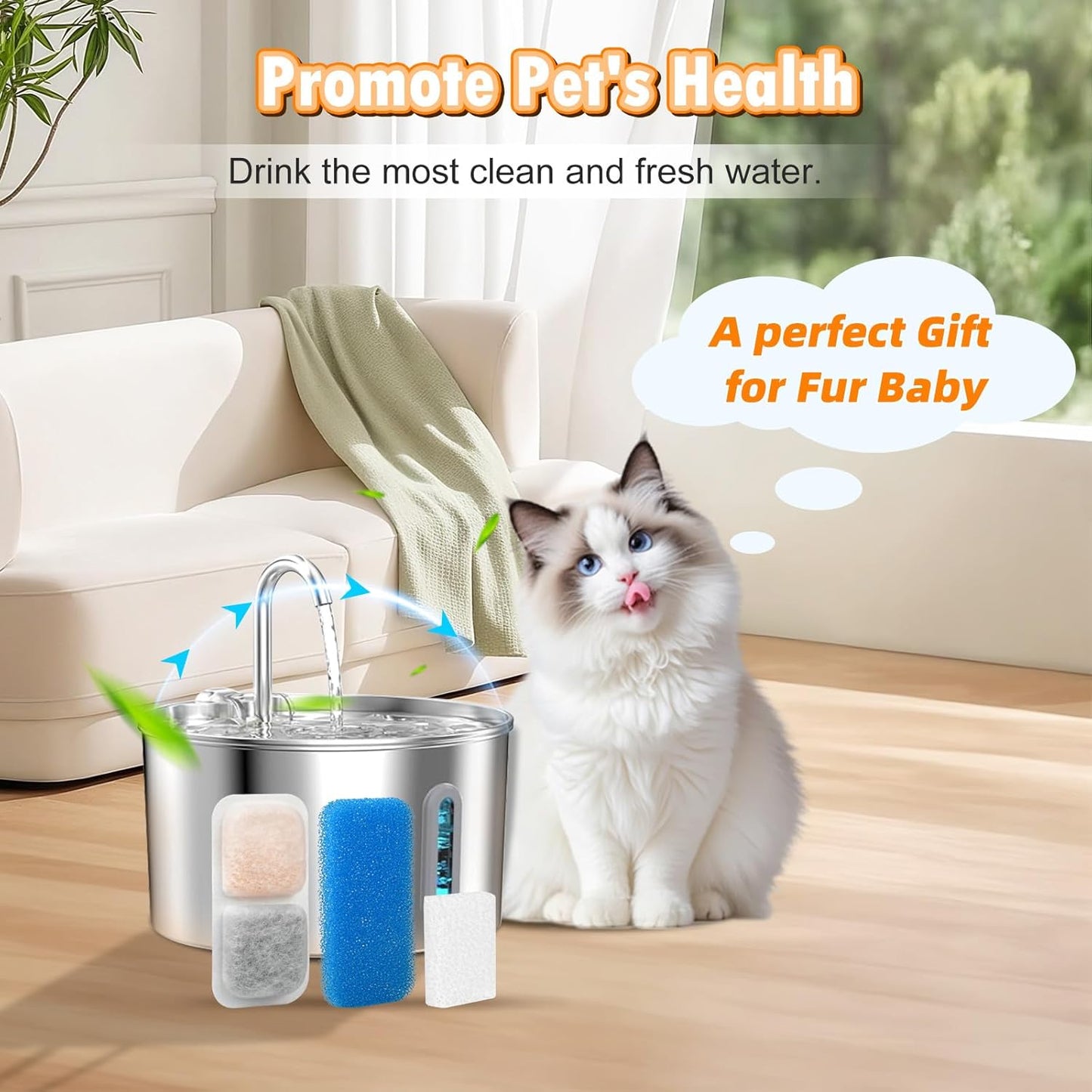 Oneisall 2L Cat Water Fountain 8PCS Carbon Filters Replacement