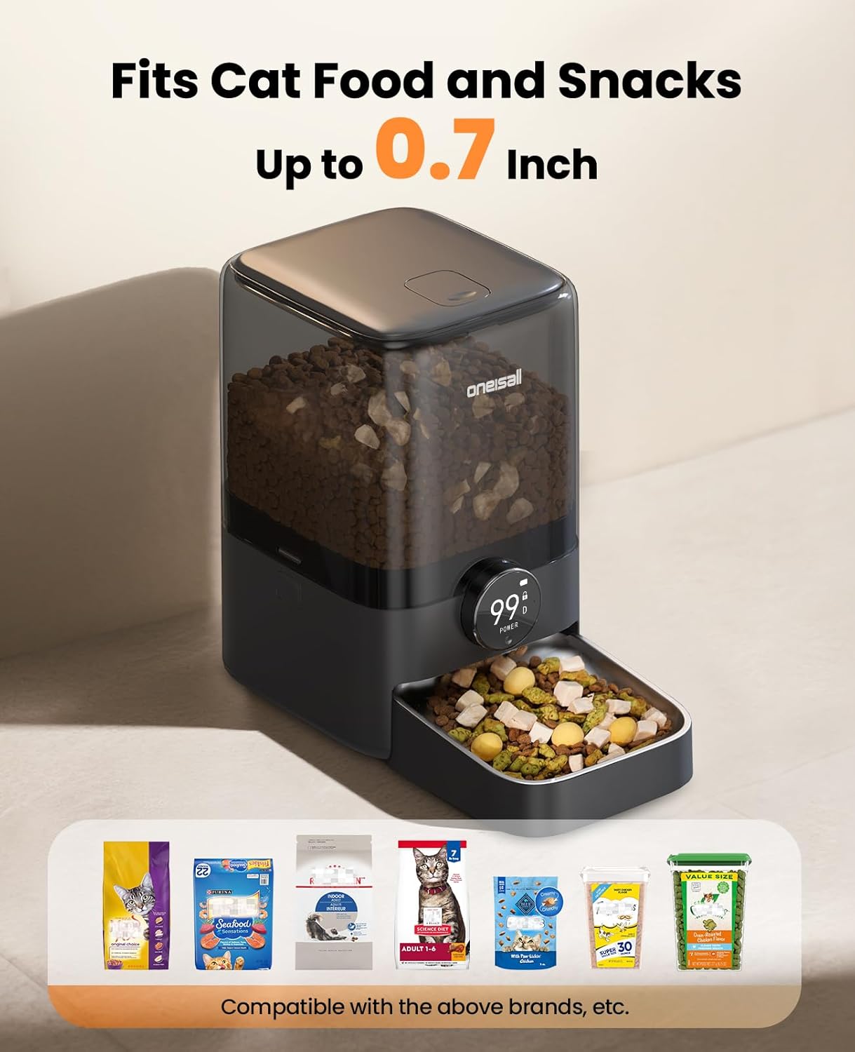 Oneisall PF08 5L Cordless Smart Cat Feeder with APP Control