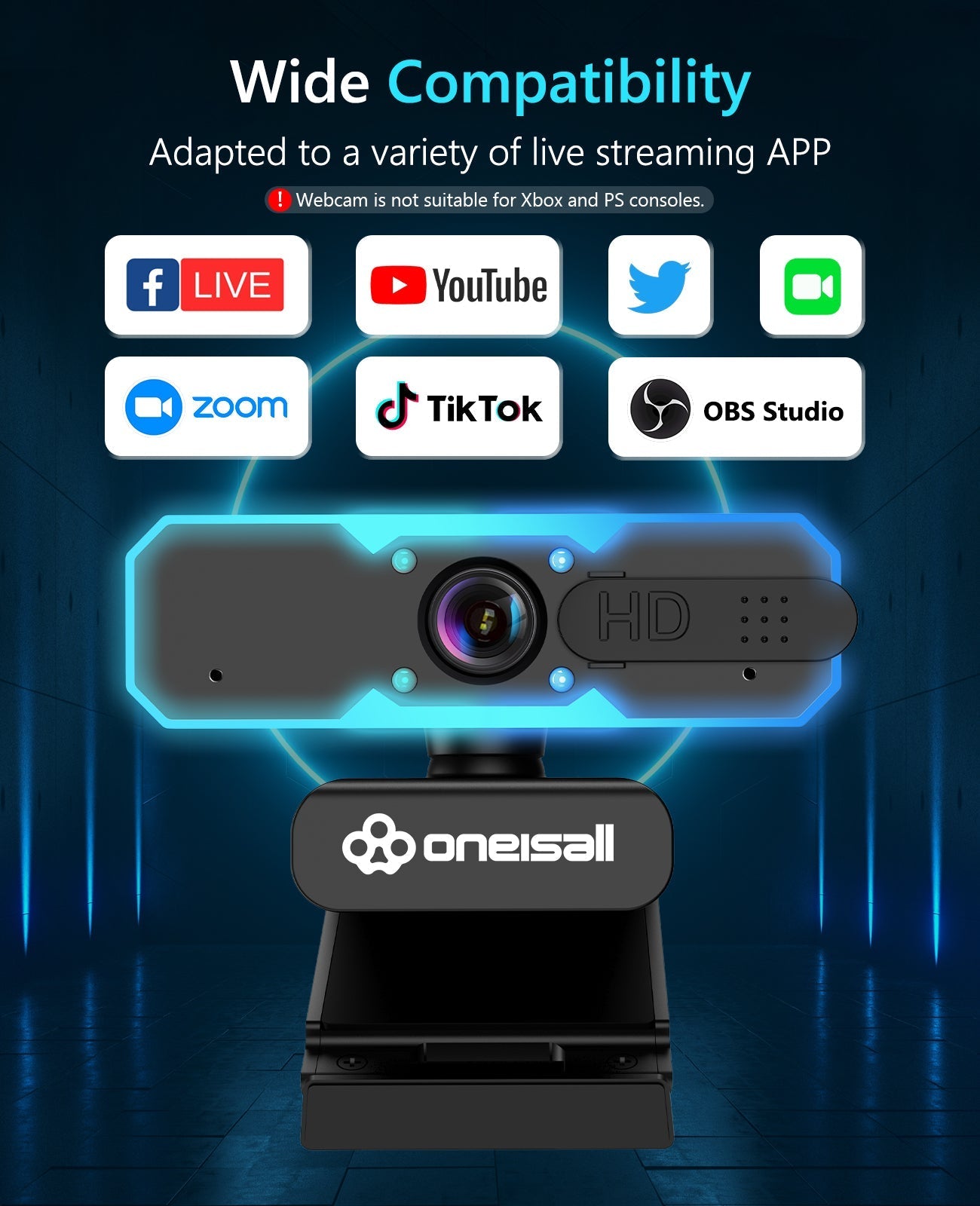 Oneisall 1080P 60FPS Streaming Camera Webcam with Microphone and Fill RGB Light