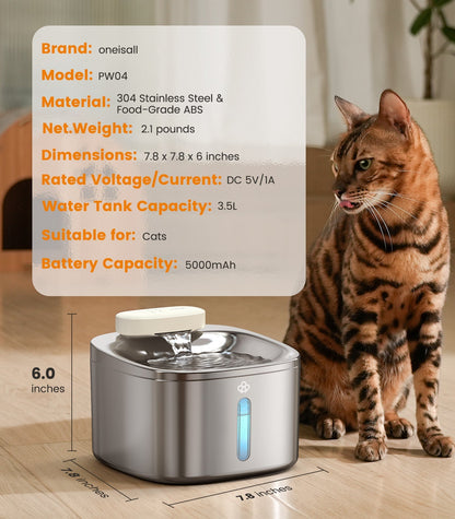 Oneisall 3.5L Cordless Stainless Steel Pet Water Fountain with 3PCS Filters