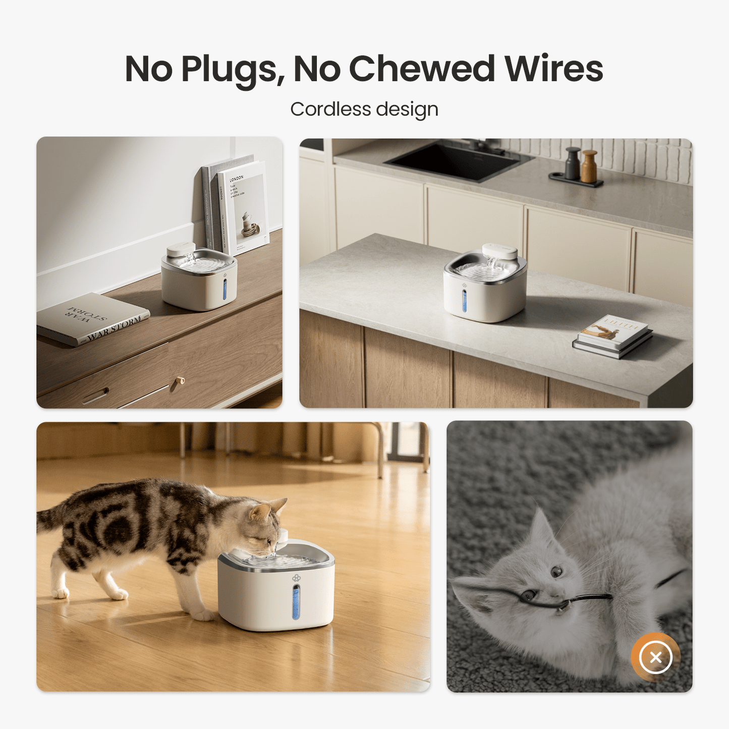 Oneisall 3.5L  Cordless White Stainless Steel Pet Water Fountain with 3PCS Filters