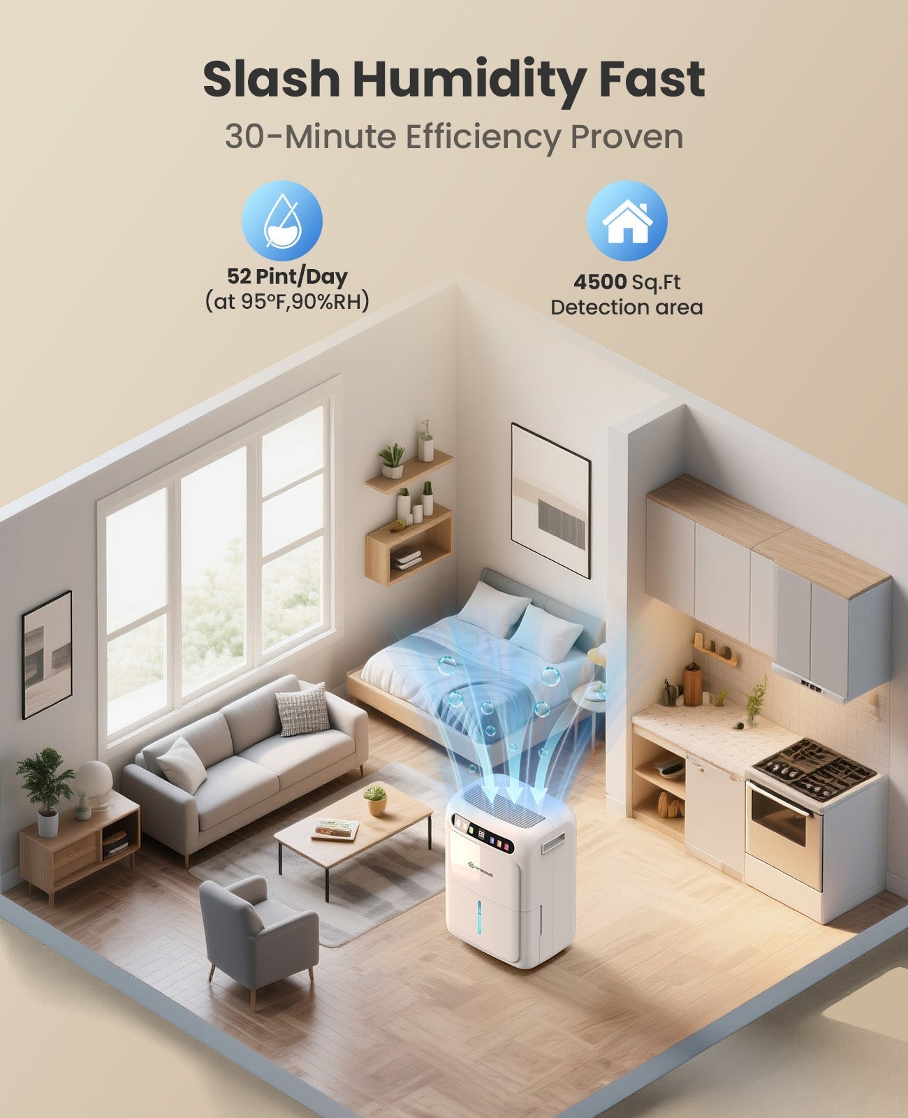 Oneisall 52 Pint Dehumidifier with Pump for Bedroom and Bathroom, 4500 Sq.Ft Dehumidifier for Basement with 3.3ft Drain Hose, Most Efficient Energy Star 2024, 6L Water Tank