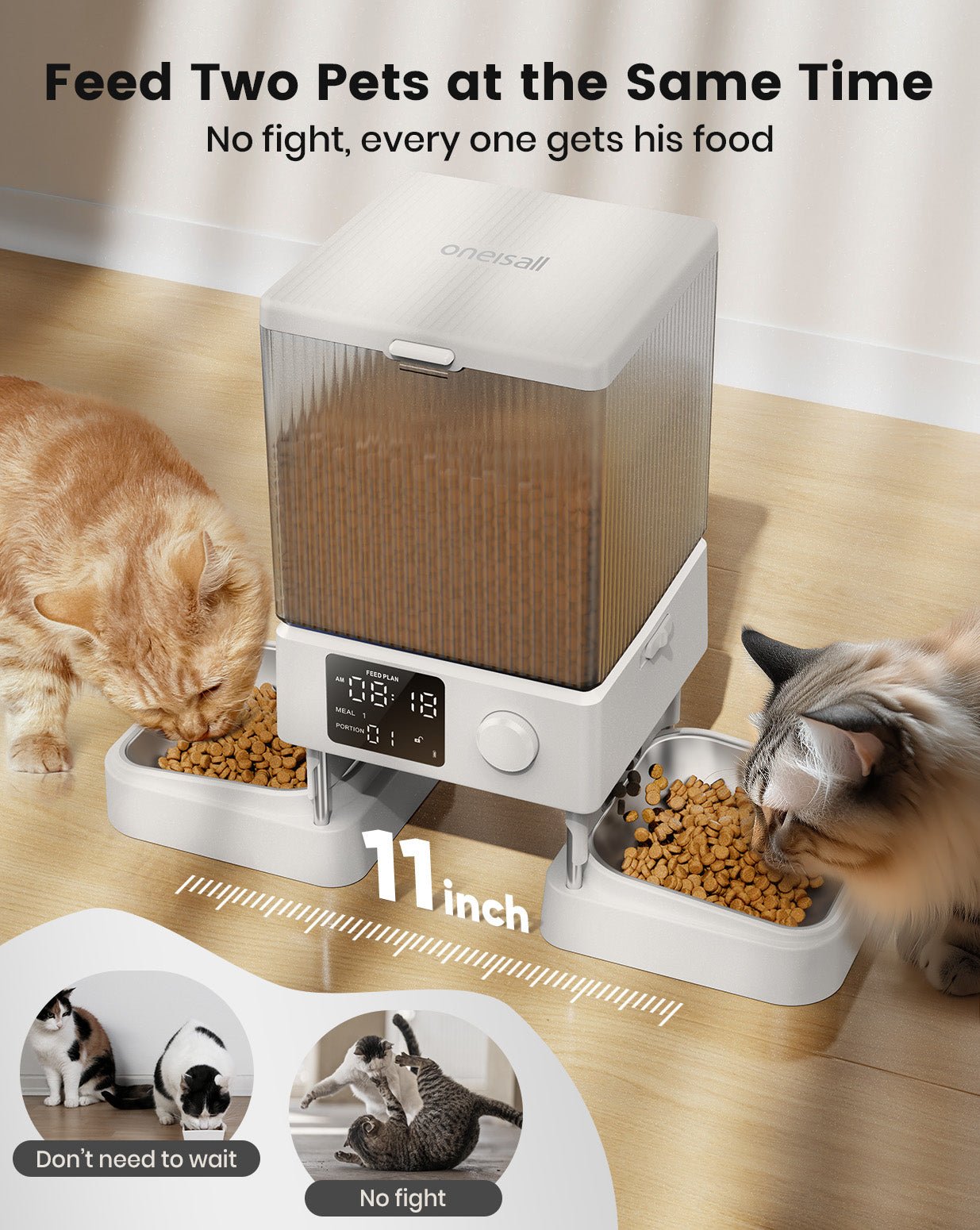 Oneisall 5L Automatic Cat Feeder for Two Cats White